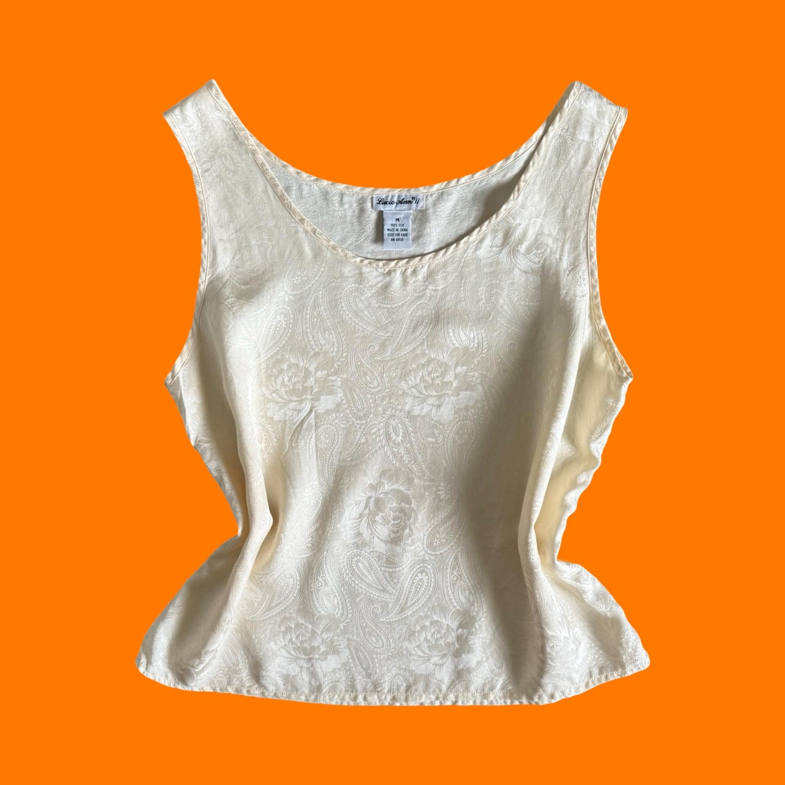 Ivory cream silk jacquard camisole tank top, laid flat