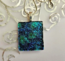 Handcrafted Blue/Green Florentine Fused Dichroic Glass Necklace/Silver plated