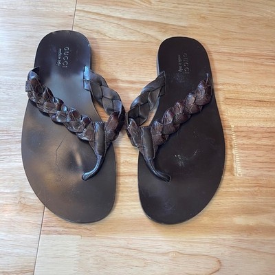 Gucci Mens Dark Brown Braided Leather Thong Sandals Flip Flops