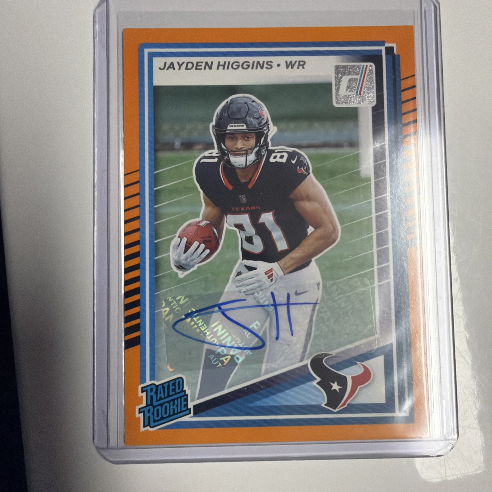 2025 Panini Donruss Jayden Higgins RC Auto Orange Press Proof #334 Texans