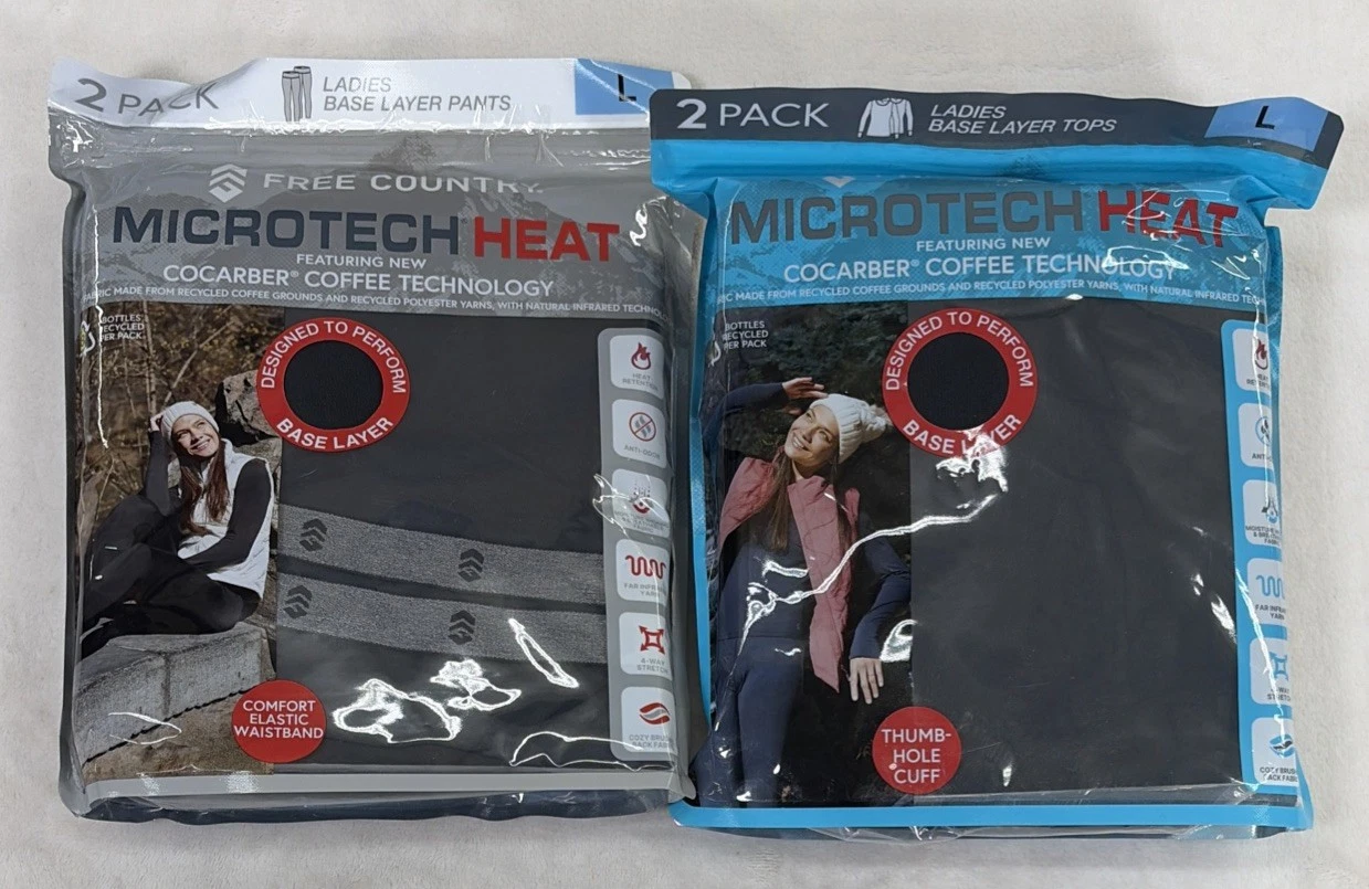 NIP Free Country Women's 2-Pack Microtech Heat Cocarber Base Layer Pants & Tops