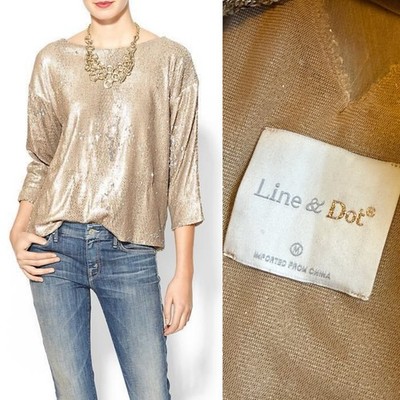 Line & Dot Metallic Gold Sequin Relaxed Top   Size M (NWT)