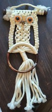 Macrame Owl Towel Holder Vintage 1970s Hard Eyes Stone Nose Yellow