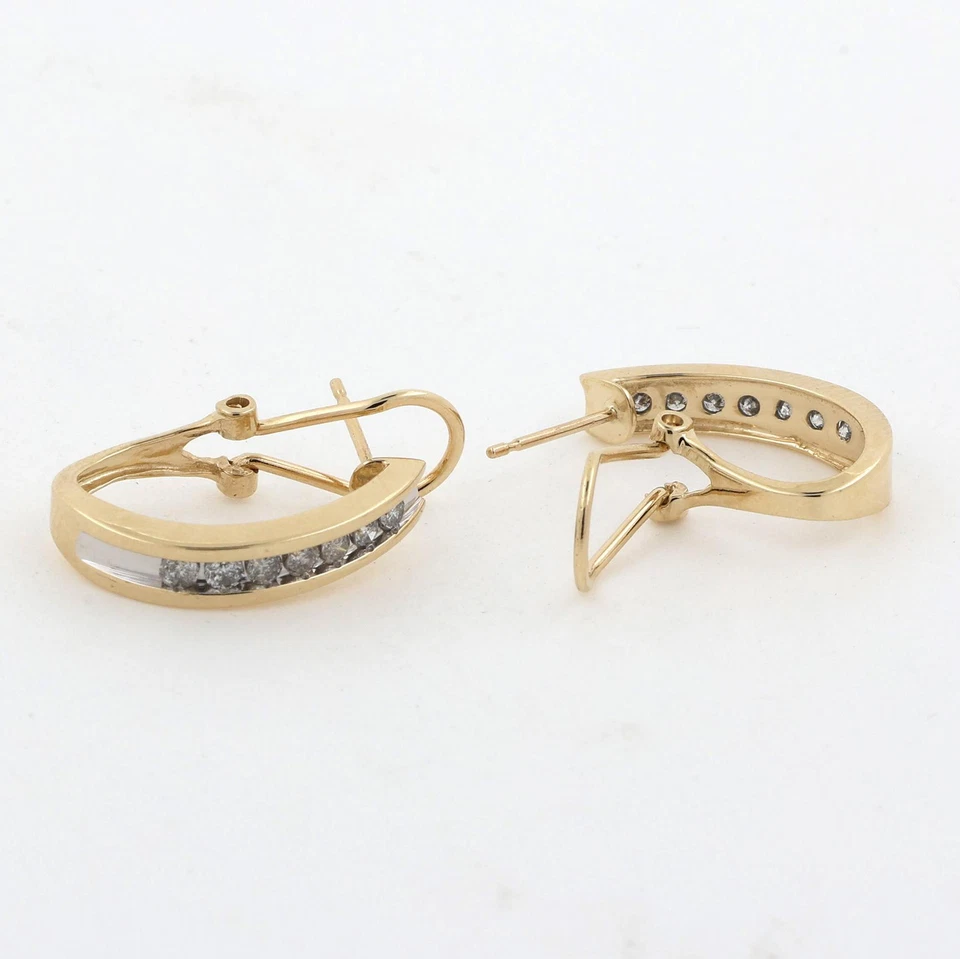 Diamond J Hoop Earrings 14K Gold 0.35 TW Channel Setting Omega Backs 0.70" - Image 3 of 4