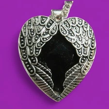 LARGE HEART PENDANT long chain necklace gothic angel bird wings silver gem T4
