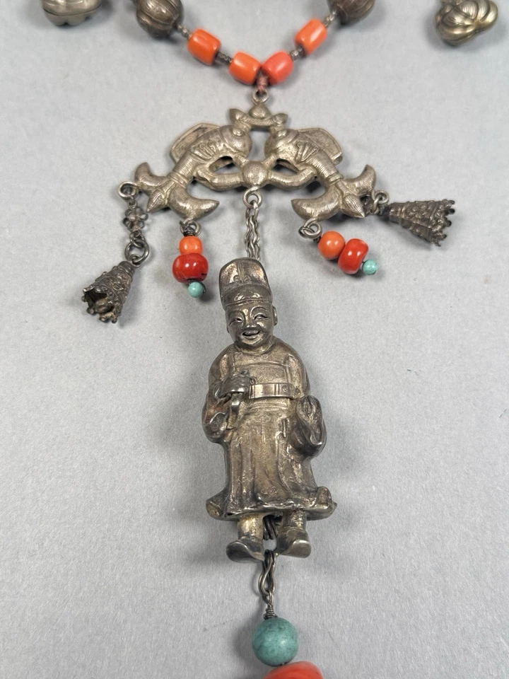 38” Antique Chinese silver and coral necklace - Image 3 of 4