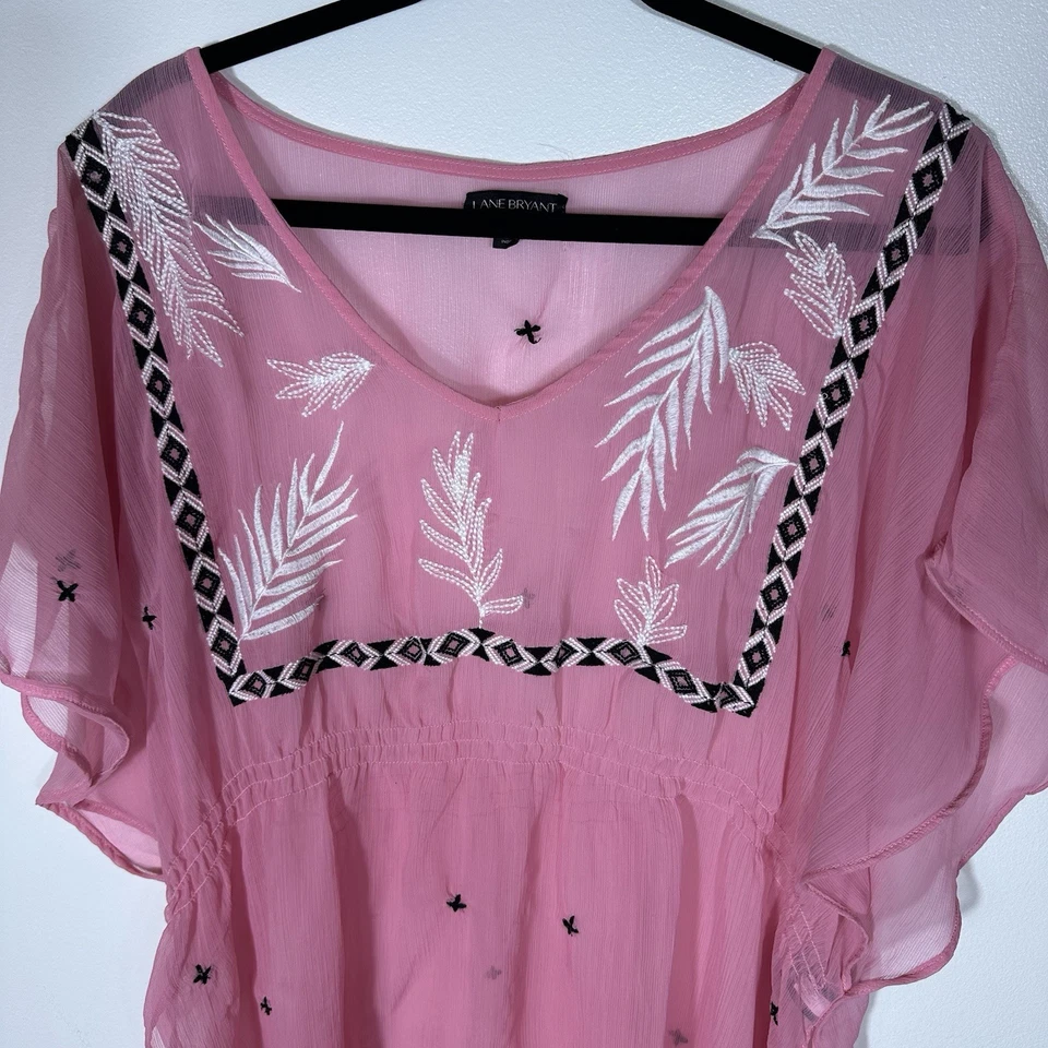 Lane Bryant 14/16 Pink & Black Sheer Embroidered Swimsuit Cover Up Pullover Top - Image 2 of 4