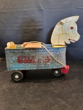 Vtg Antique Towner Toys PONY VAN Tin & Wood Ride On Pull Toy Made In The USA