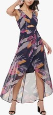GUESS Dress 4 Tropical Print Chiffon High-Low Maxi Strappy Keyhole Navy Blue