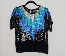 Vintage 80s 90s R S.C M Silk Full Sequin Beaded Cocktail Disco Blouse Top Shirt