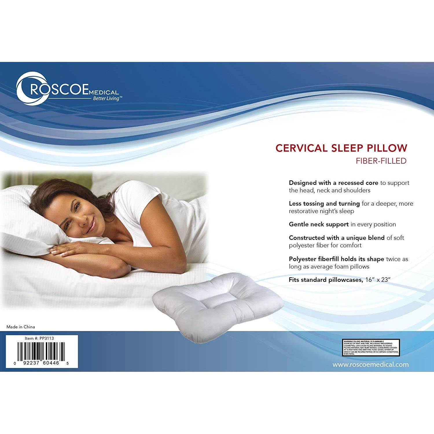 Roscoe Medical Cervical Pillow 16 X 23 Inch White PP3113 1 Ct