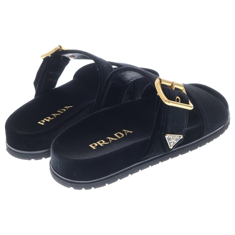【PRADA】数量限定価格!! ロゴ入り ベルベットサンダル Sandal Prada Velvet Slide Sandals Black Triangle Logo Gold Hardware