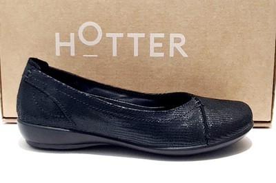 Hotter Robyn Schuhe Größe 4 UK Dual Fit Weite Neu Schwarz Leder Flats