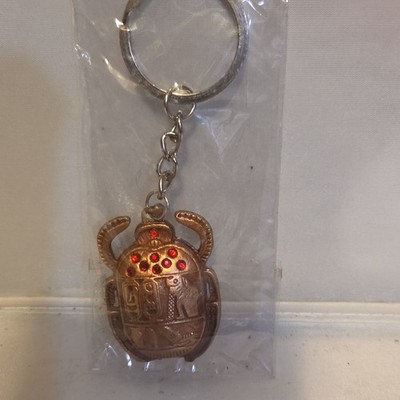 Egyptian Scarab Metal Keychain Gold Tone Red Rhinestones Detachable Keyring
