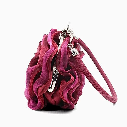 Bolso de Noche en Forma de Rosa Suave Satén Bolso sin asas Cartera Floral Muñequera Bolso de Mano Granate Foto 4 de 4