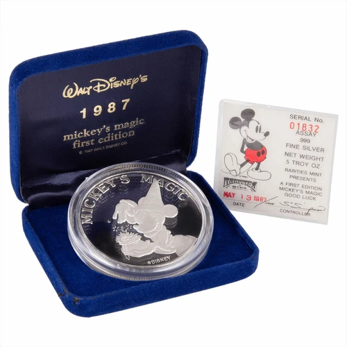 1987 5 Troy Oz Disney Mickeys Magic First Edition .999 Fine Silver Round w/Box