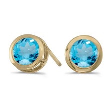 14k Yellow Gold Round Blue Topaz Bezel Stud Earrings