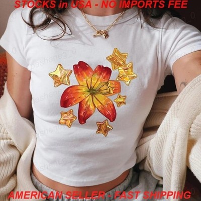 Sparkling Lily In The Stars Baby Tee, Pearl Flower Lily Vintage Y2k Baby Tee