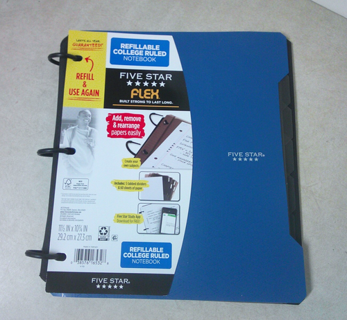 Five Star Flex Refillable College Ruled Notebook Blue 5 Tabbed Dividers w/ Paper