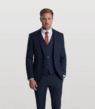Mens Blue Herringbone Tweed Three Piece Suit Slim Fit Tom Percy RRP £329.99