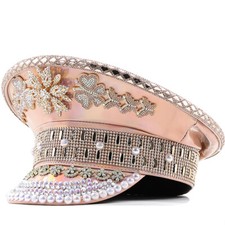 Women Glitter Rhinestone Leather Captain Hat Rave Festival Party Disco Cap