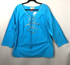 Antthony Originals Top Women  1X Plus Size Blue Gold Coins Artsy Resort NEW