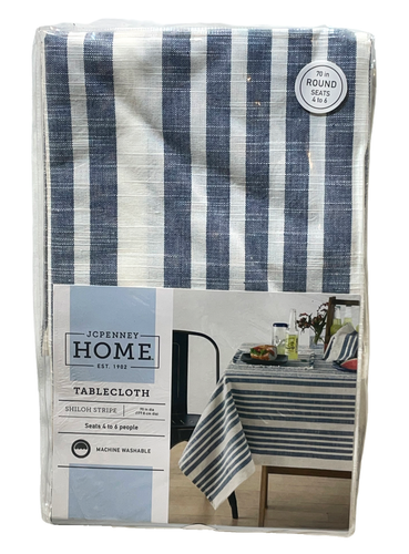 JC Penney Shiloh Stripe Tablecloth 70" Round 100% Cotton Blue White - Picture 3 of 7