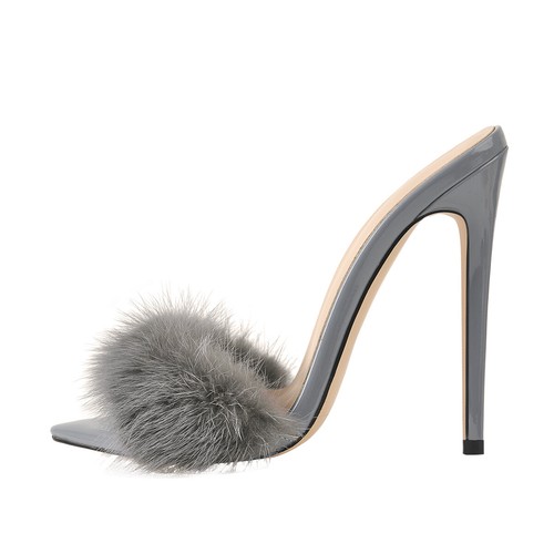 Damen Flauschige Kunstfell Hausschuhe High Heels Sandalen Mode Open Toe Pantoletten Pumps - Bild 39 von 46
