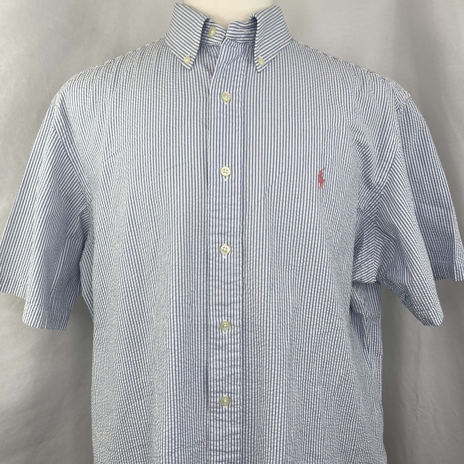Camicia Ralph Lauren Seersucker vestibilità classica a righe blu taglia XL rosa pony uomo