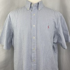 Ralph Lauren Seersucker Classic Fit Blue Stripe Shirt Sz XL Pink Pony Mens