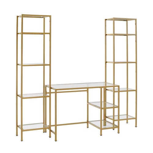 CROSLEY FURNITURE Writing Desk 78" Etagere Tempered Glass Steel Soft Gold 2-Pcs