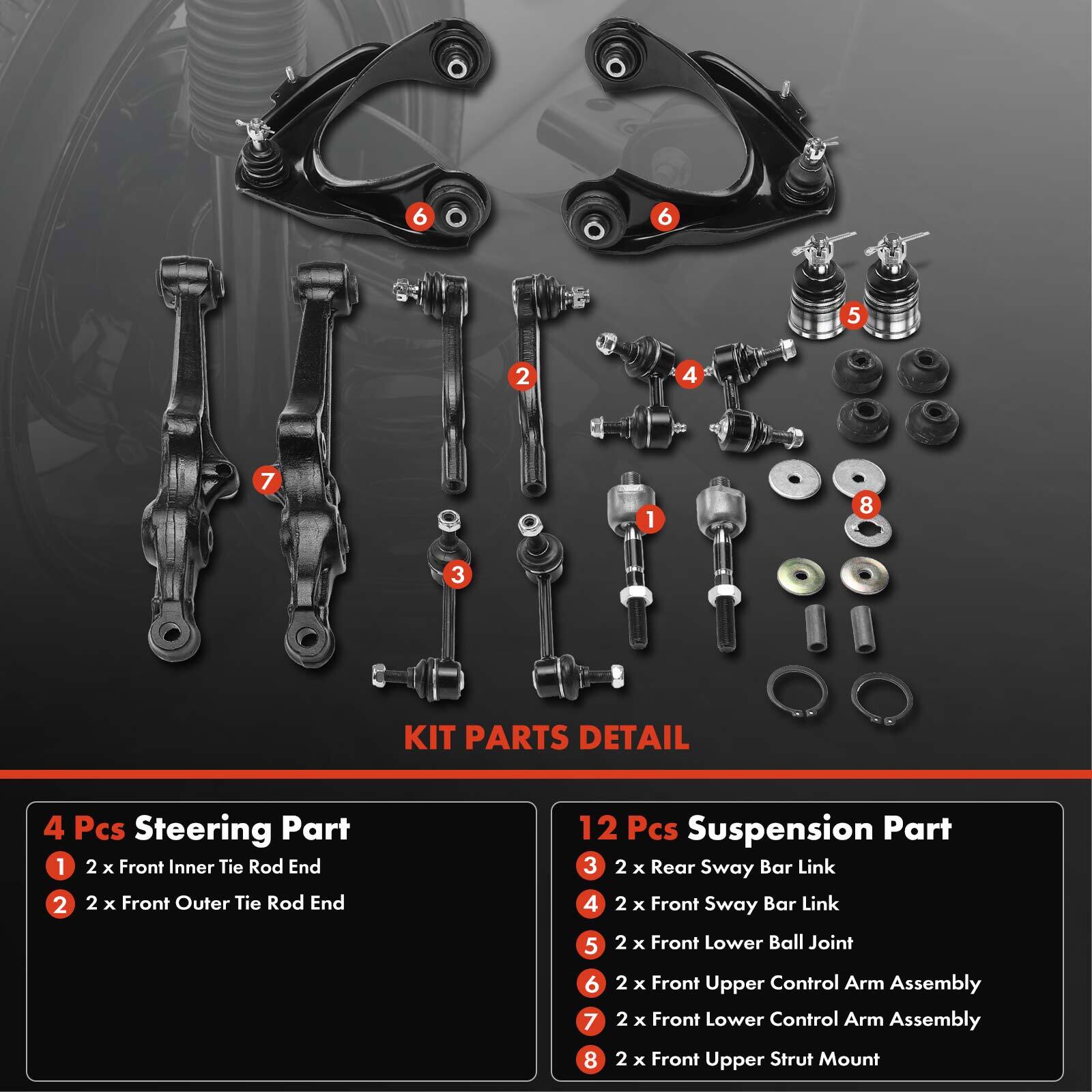 16x Front Upper & Lower Control Arm Ball Joint Sway Bar Tie Rod for Acura Honda