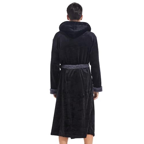 Mens Hooded Robe, Plush Long Bath robes Cozy Large-X-Large Black+dark Grey - Picture 4 of 7
