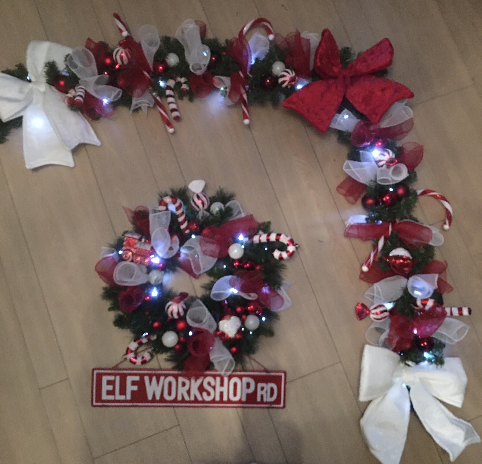 Red And White Bespoke Christmas Door Arch Garland & Wreath Set Candy