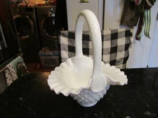 Vintage Fenton White Hobnail Milk Glass Ruffled Rim Handled Basket Bowl 7x5.5x8