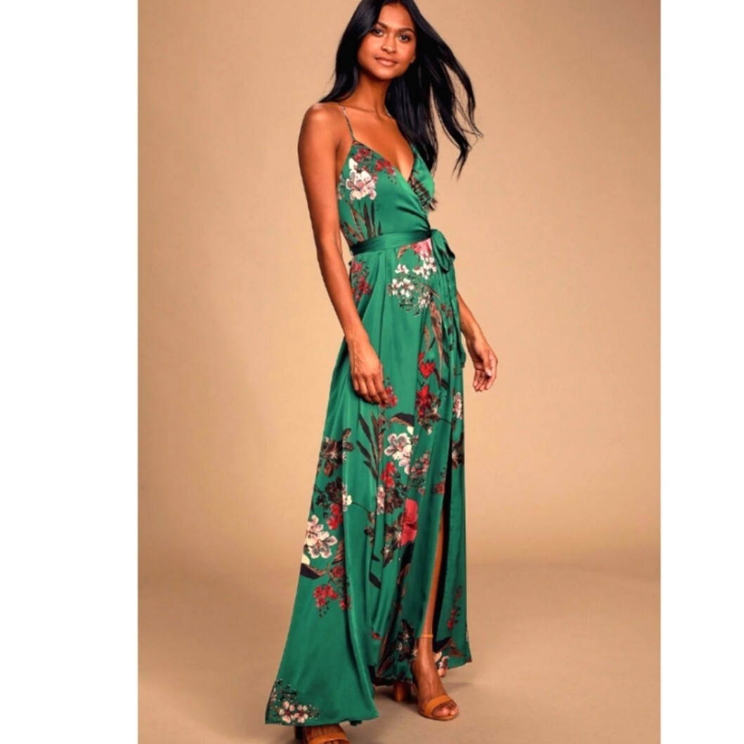 still the one sage green floral print satin maxi dress