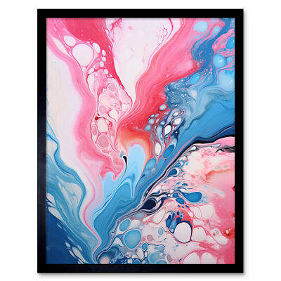 Fluid Paint Pouring Abstract Pink Blue Flowing Colours Framed Wall Art Print 9X7
