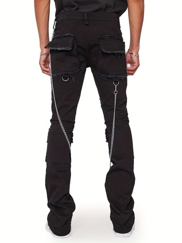 Pantaloni denim uomo slim fit biker con decorazione catena casual street style - Foto 5 di 10