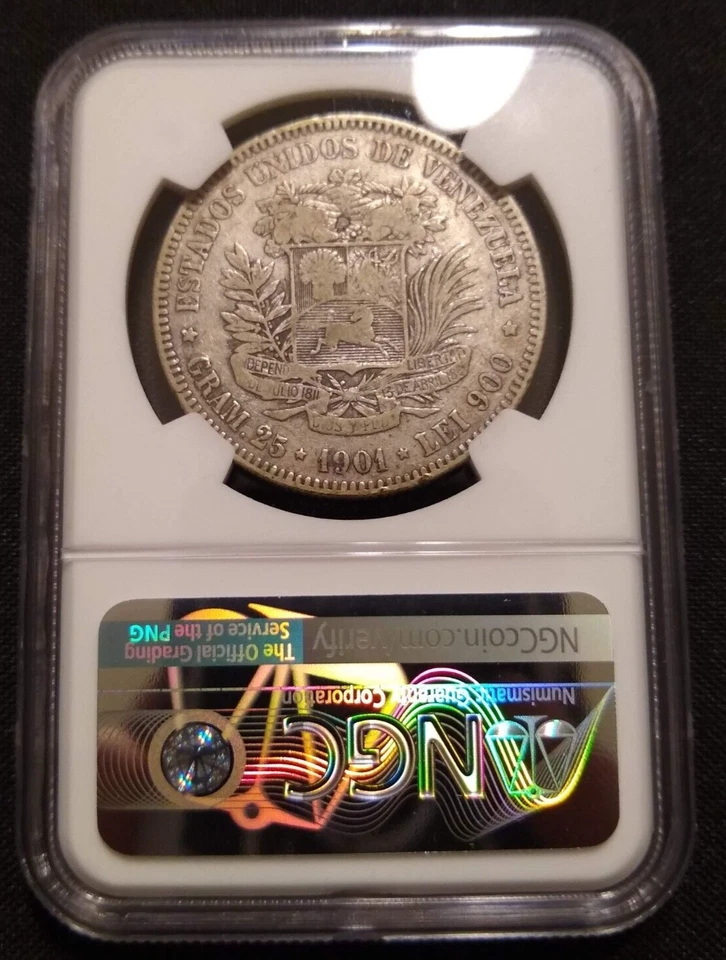 1901 venezuela 5 bolivares NGC vf25 key date low mintage world crown peso coin - Image 2 of 2