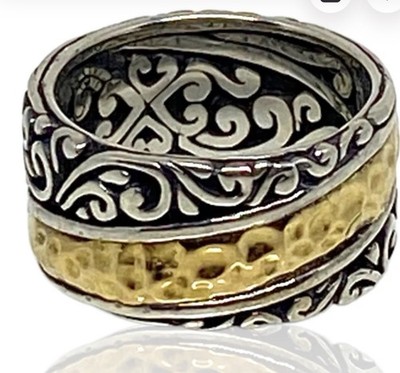 Samuel B. Filigraner breiter Bandring Sterlingsilber & 18 Karat Gelbgold Größe 10
