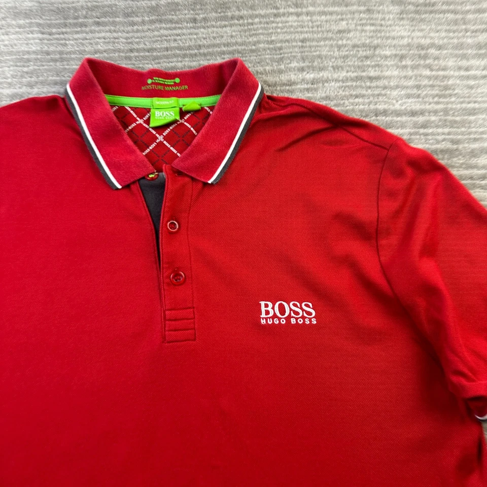 Camisa polo masculina Hugo Boss extra grande vermelha Peppo Pro ajuste moderno etiqueta verde - Imagem 4 de 4