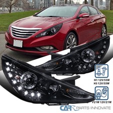 Glossy Black Projector Headlights Fits 11-14 Hyundai Sonata Lamps+LED DRL Lights