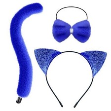 3 Pcs Halloween Cat Costume Accessories Cat Ears Headband Bell Collar and Blue