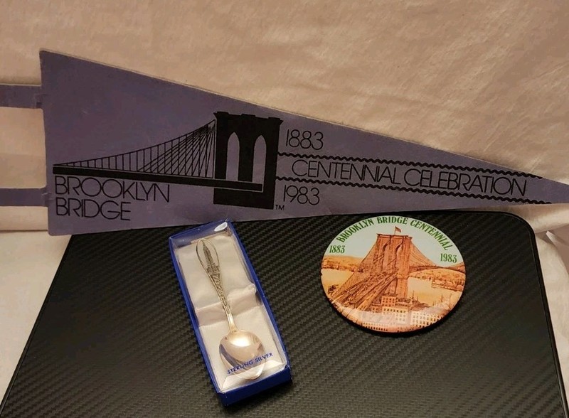 NYC Memorabilia, Brooklyn Bridge Centennial Banner & Pin, 1983 & Sterling Spoon