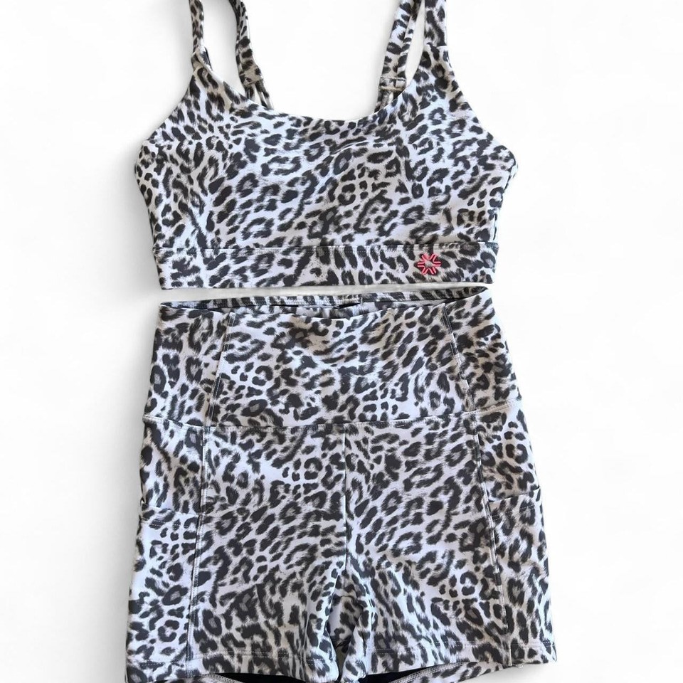 Rockwear Activewear Set Sports Bra & Shorts Grey White Animal Print - Size 8
