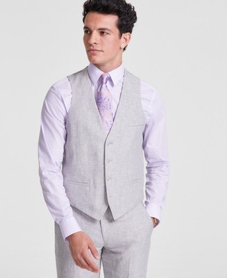 Bar Iii Mens Slim fit Button-Up Suit Vest Small Grey Linen Linen