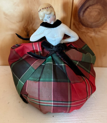 Antique Pincushion Half Doll Head China Germany Silk Red Green Dress