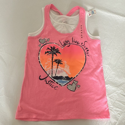 Justice Girls Pink White Racerback Scoop Neck Graphic Rhinestone Tank Top 10