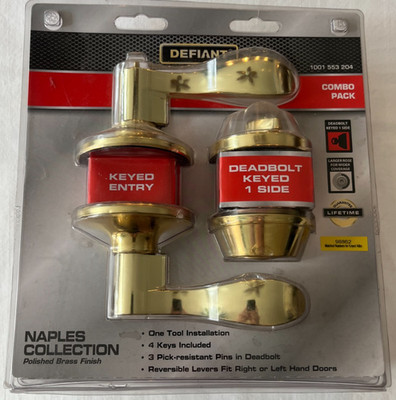 DEFIANT Combo Pack Keyed Entry & Deadbolt Polished Brass Finish 4 Keys Included