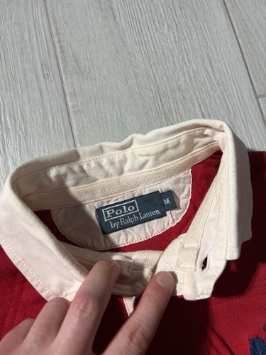De Colección Polo Ralph Lauren Rugby Manga Larga Big Pony Blanco Cuello Retro Años 90 Hombres M-L - Imagen 7 de 9